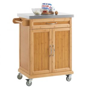 SoBuy Desserte de Cuisine À Roulettes en Bambou avec Plateau Inox Tiroir et Placard Meuble Plan de Travail 66x46x92cm