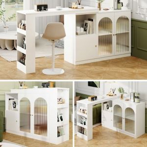 Table de bar extensible 120x40x97cm Table Haute avec Espace de Rangement Table bistro rotative avec 3 porte 4 compartiments，Blanc