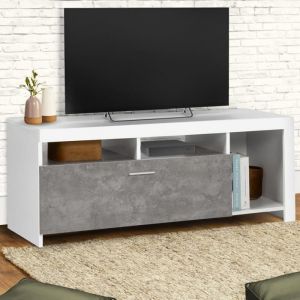 IDMARKET Meuble TV 110 cm MALO blanc et placard effet béton