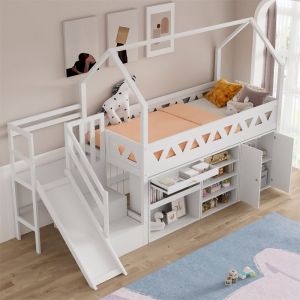 Lit Mezzanine Enfant avec Escalier Lit Cabane Mi Hauteur 90x200 avec TobogganTiroirs Armoire et Portes Magnétiques Bois Blanc