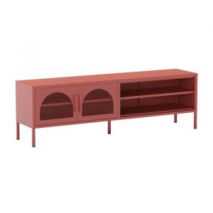 OLIVIA - Meuble TV 160 cm 2 Portes Ajour&eacute;es 2 Niches en M&eacute;tal Terracotta