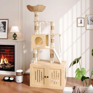 Arbre &agrave; chat tour &agrave; chat de 170 cm avec bac &agrave; liti&egrave;re grand niche avec station alimentaire rangement griffoirs hamac