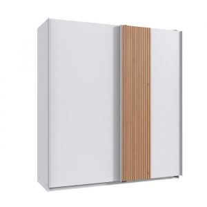 Armoire &agrave; portes coulissantes coloris blanc imitation ch&ecirc;ne Artisan - longueur 180 x hauteur 198 x profondeur 65 cm