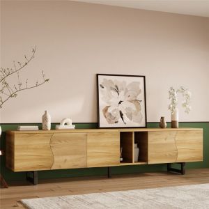 Meuble TV Bas Bois avec 5 Portes Meuble Salon TV Scandinave avec Compartiments Framework Feet en M&eacute;tal 191x38x465 cm Naturel