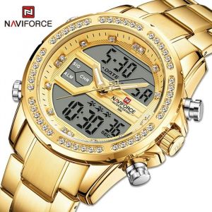 Montre de luxe NAVIFORCE pour homme chronographe &agrave; quartz bracelet en acier &eacute;tanche avec double affichage et diamants
