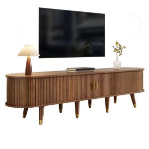 Meuble TV 175cm - avec porte coulissante en rotinaspect noyer - rangement Meuble TV avec compartiments ouverts - Design naturel