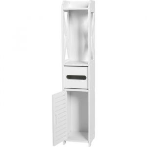 Meuble WC Colonne Salle de Bain - AKOZON - Blanc - Bois de haute qualit&eacute; - 80x15.5x15cm