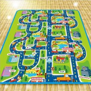 Tapis de Jeu Rectangle Géant Circuit Voiture de Course Cadeau pour Bébé Enfant Tapis Pique-nique