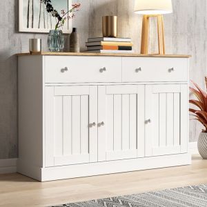 Buffet bahut commode avec 3 portes et 2 tiroirs texture gravée 120x36x80 cm design moderne meubles de salon bois et blanc