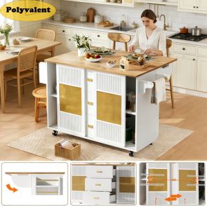 Desserte de Cuisine Pliable - &icirc;lot de Cuisine avec 6 Roulettes 360&deg; 3 Tiroirs+S&eacute;parateurs R&eacute;glables Portes Coulissantes en Rotin