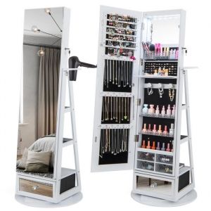 COSTWAY Armoire &agrave; Bijoux Pivotante &agrave; 360&deg; - Miroir Pleine Longueur Lumi&egrave;res LED Etag&egrave;re 3 Niveaux Porte Verrouillable - Blanc