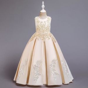 Robe Mariage et Cérémonie Filles Loose Impression et broderie Robe Demoiselle Enfant 5-14 Ans - Champagne