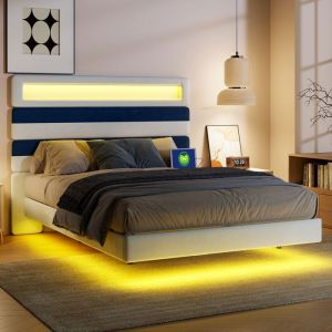 Grand Lit Double 160x200 Adulte Suspension Design - RGB & Charge USB - Velours Bleu/Blanc - Bois/Métal