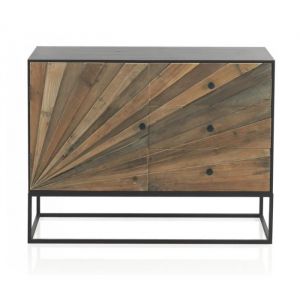 Buffet 1 porte et 3 tiroirs en bois naturel et m&eacute;tal coloris noir - Longueur 105 x Hauteur 80 x Largeur 40 cm -JUANIO