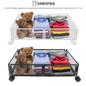Set de 2 Boîtes supports de rangement à roulettes sous le lit en fer - VARIVIDA - Noir + Blanc - 60 x 40 x 17 cm