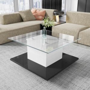 Table basse Table basse en verre brillant avec roulettes et &eacute;clairage LED - Blanc+Noir