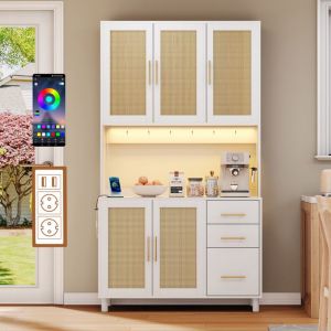 Buffet de Cuisine Haut Bar &agrave; Caf&eacute; Meuble de Rangement Armoire Cuisine en Rotin avec LED &Eacute;tag&egrave;res R&eacute;glables Blanc 100x47x187cm