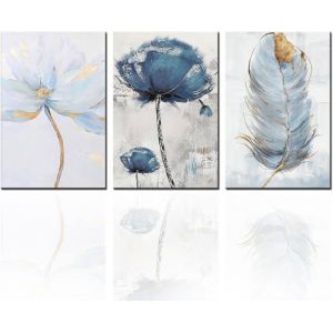 Nordique moderne Murale Art bleu plume fleur Toile tableau peinture abstraite affiche Tableaux salon Decoration30x40cm avec cadre