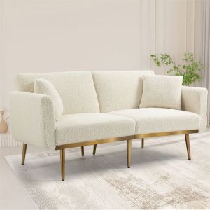 Canapé Convertible Clic Clac 3 Places Convertible Lit pour Salon Réglables Pieds Métalliques RobustesTissu Teddy Blanc Cassé