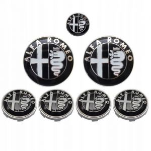 KIT 7 Insigne Logo Emblème Alfa Romeo Noir Capot 74mm + Coffre 74mm +Volant 40mm + 4 x Caches Moyeux 60mm