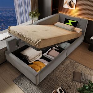 Lit 90x190 avec Sommier et Prise USB - Lit Banquette 1 Place avec Coffre pour Adulte et Ado - Rangement - Lampe de Lecture - Gris