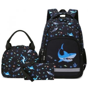Cartable Fille Garcon Primaire Sac à Dos Enfant 3 en 1 Sac à Dos Scolaire avec Sac à Lunch et Trousse Requin