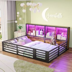 Lit double enfant 140 x 200 cm Lit adulte en fer avec rangement bande LED barrière et sommier à lattes - noir
