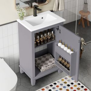 OKWISH Meuble sous vasque 51&times;34&times;83 cm meuble salle de bain sur pied avec vasque en c&eacute;ramique int&eacute;gr&eacute;e 1 &eacute;tag&egrave;re de porte gris