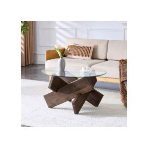 Table basse ronde en MDF + verre en option multicolore : pieds de support en grain de bois de noyer profond - simple et &eacute;l&eacute;gant