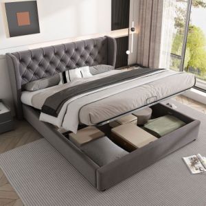 KoDise Lit coffre 140x190 cm Lit capitonné Lit adulte - tissu velours - avec tête de lit capitonnés  et sommier à lattes - gris