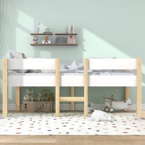 Lit enfant 90x190 cm Lit mi-hauteur Lit en bois pin avec protection antichute et escalier - blanc
