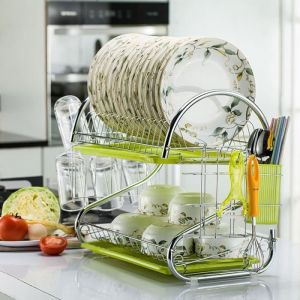 AvanC &Eacute;gouttoir a Vaisselle Avec Plateau Inox Porte-Tasse Vert 2 &Eacute;tages