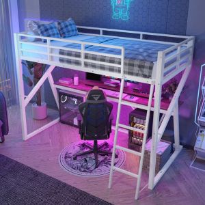 Lit mezzanine enfant 90x200cm avec bande LED lit adolescent avec escalier et bureau lit simple avec sommier &agrave; lattes m&eacute;tal