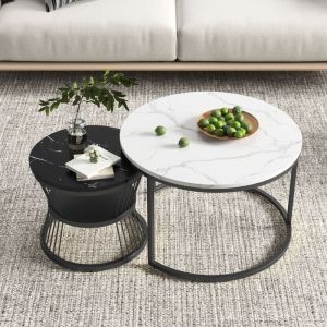 Set de 2 Tables Basses gigogne Noire et Blanche-Table ronde-Table de salon Design Moderne et Pratique-MDF avec Finition Brillante