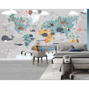 Papier Peint Monde Carte Animale Papier Peint Intissé animaux Avion Ballons Papier Peint Enfant Garçon Décor Murale 356x250 cm