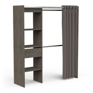 Armoire dressing extensible avec rideau 2 penderies 3 &eacute;tag&egrave;re et 1 tiroir couleur ch&ecirc;ne vulcano