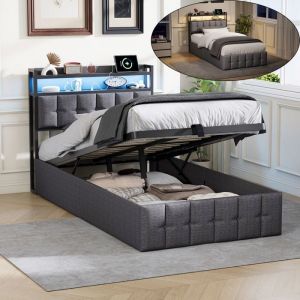 Lit 90x200 Coffre Led -2 USB/Type-C -T&ecirc;te de Lit Capitonn&eacute; avec Rangement -Cadre de Lit 1 place avec Sommier a Lattes- Lin -Gris