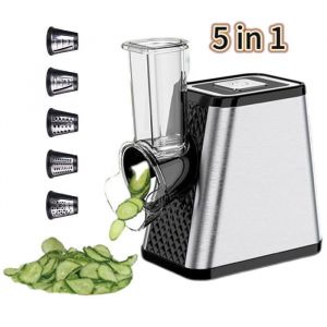 Coupe-l&eacute;gumes &Eacute;lectrique 5 en 1 avec 5 Lames Tambour Interchangeables R&acirc;pe &agrave; Fromage pour L&eacute;gumes Carottes Noix R&acirc;pe de Cuisine