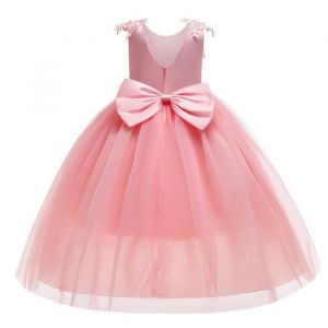 Robe Ceremonie Fille Sans Manches Longue Robe De Soir&eacute;e Mariage Tulle Avec Noeud Papillon - Rose