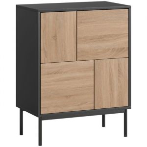 Buffet Bahut Noir MDF et Bois Naturel avec Portes &agrave; Pression 60 x 35 x 78 cm Pieds M&eacute;tal Salle &agrave; Manger