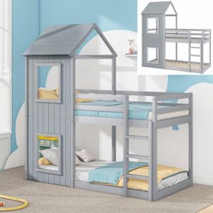 Lit superposé enfant 90x200 cm avec échelle et baldaquin -  lit cabane pour filles et garçons - en bois massif - Gris