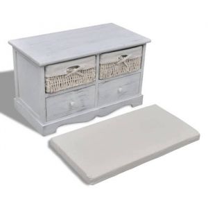 Black Friday Banc long de rangement - JILL - Meuble dentr&eacute;e - Blanc 62x33x42 cm - Bois de paulownia  BB589