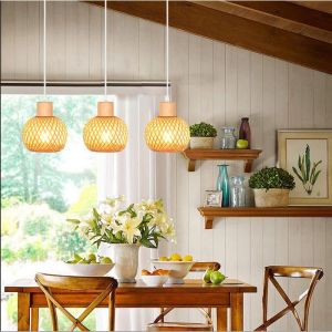 iDEGU 3lampes Lustre Industriel en Bambou et Bois Lampe 13cm Mini Abat-jour à Boule Rotin Retro Plafonnier Style Bohème pour