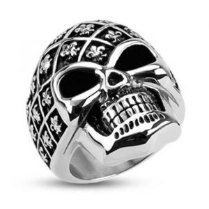 Bague chevalière homme acier tête de mort décorée de fleurs de lys - Marque - Modèle - Argent - Acier - Homme