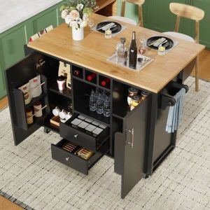 &Icirc;lot de cuisine avec plateau rabattable 120 x 45 (73) x 92 cm desserte de cuisine avec casier &agrave; vin 2 tiroirs 2 portes - Noir