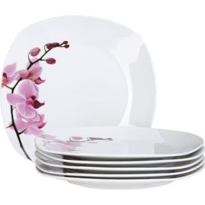 Assiette plate - Van Well - Kyoto - Set de 6 - Porcelaine - Décor orchidée rose-rouge
