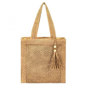 Sac Cabas Femme - Sac shopping Porté épaule - Matière Paille - Format A4 - Couleur Camel
