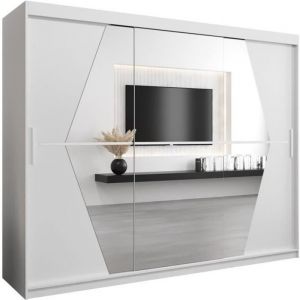 ABIKSMEBLE Boliwia 250 Armoire à Trois Portes Coulissantes  avec Miroir Tringle et Étagères 250x200x62 cm Blanc