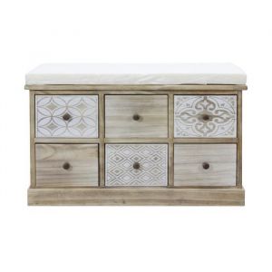 Banc Commode Beige - MOBILI REBECCA - Bois de Paulownia - Siège Rembourré - 6 Tiroirs