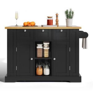 Table de cuisine mobile de 132 cm comptoir pliant armoire multifonctiontiroir&eacute;tag&egrave;re &agrave; &eacute;pices prise de courant int&eacute;gr&eacute;e -Noir